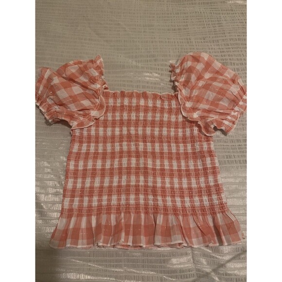 Plaid Orange and White Multi Wear On and Off Shoulder Kids Shirt Size 14 - Picture 1 of 2